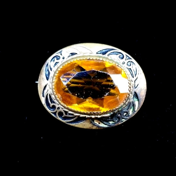 Vintage 1920s Art Deco Amber Citrine Glass Gold Tone Brooch - Picture 5 of 12